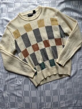 City Streets Cream Colourful Geometric Checkered Crewneck Sweater